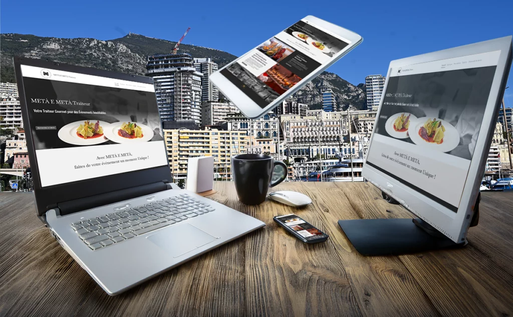 montage photo du site web metaemetatraiteur.fr affiché sur les écrans de différents support