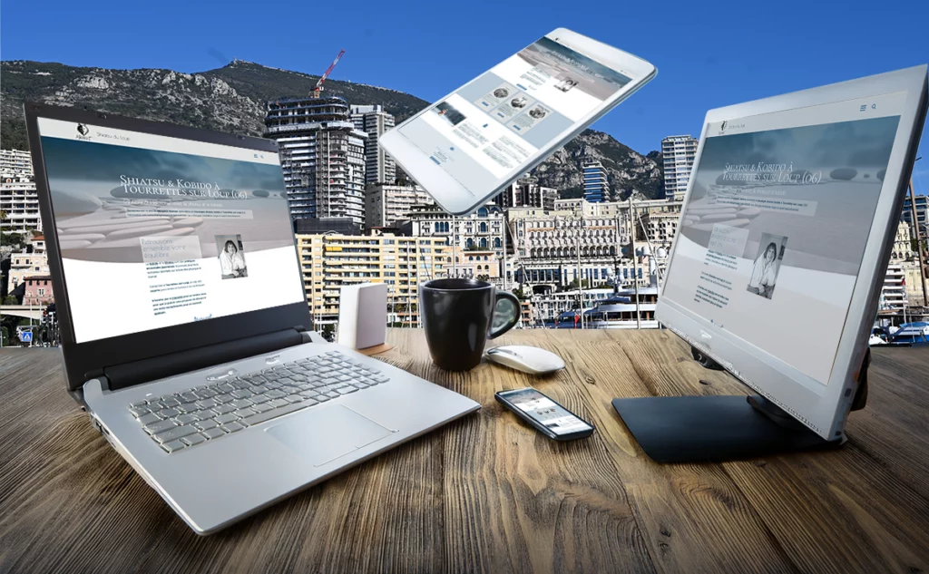 montage photo du site web shiatsuduloup.fr affiché sur les écrans de différents support