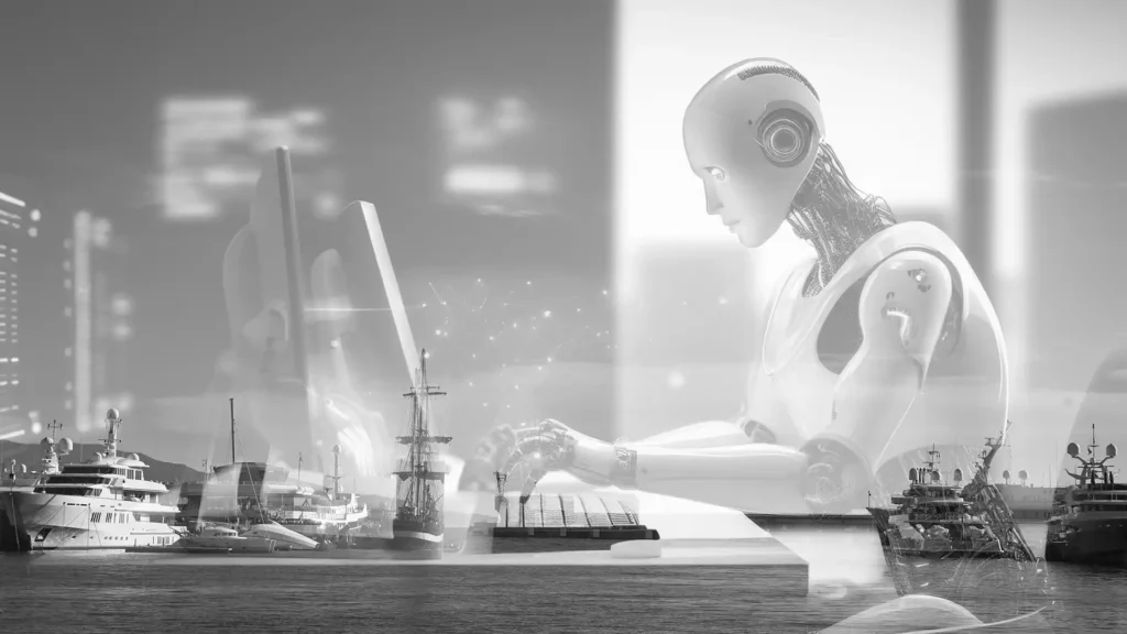 bannière vue du port de Monaco et d'un robot qui rédige sur un computer