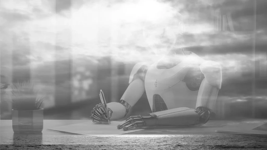 bannière de la page service représentant un robot qui écrit sur un document avec en fondu la mer